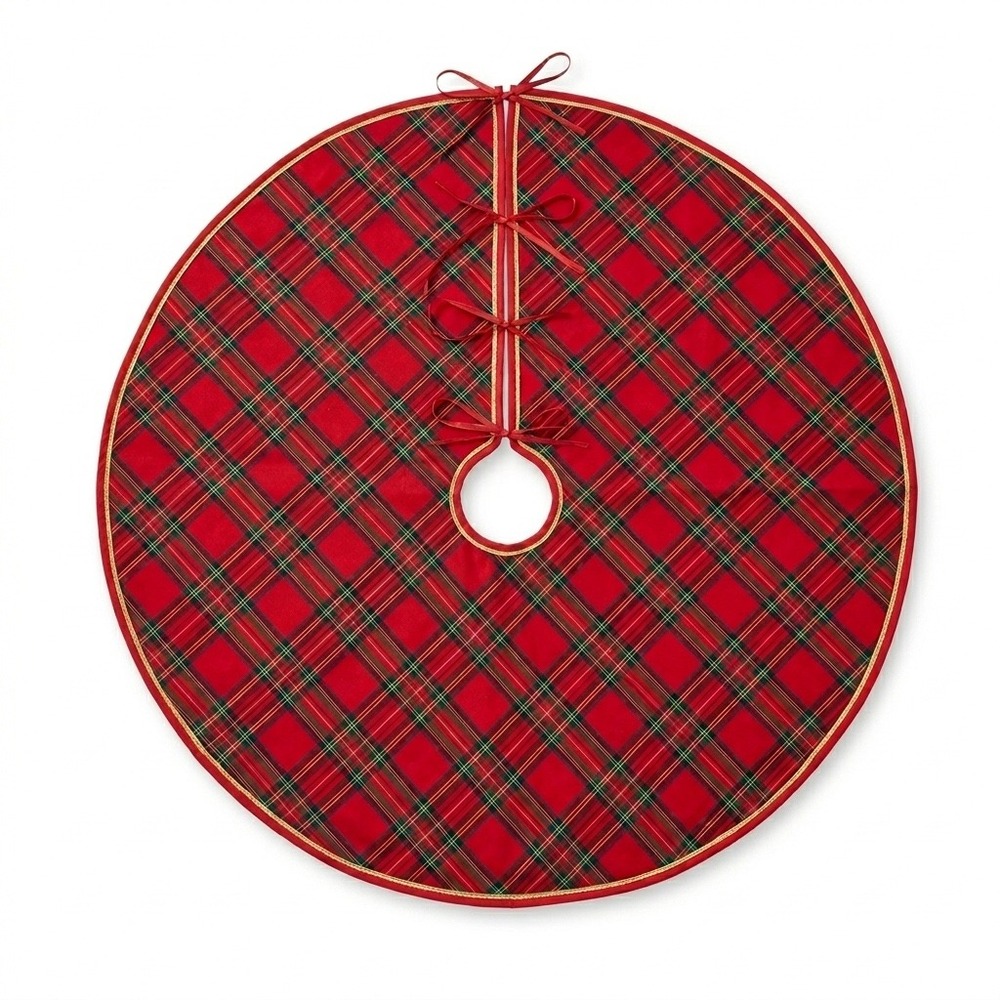 Cost Plus World Market Red Tartan Plaid Christmas Tree Skirt 36" Cotton Gld Trim